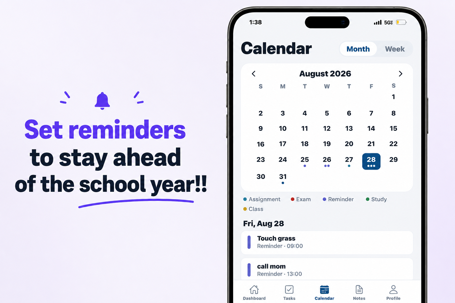 Studently calendar and reminders
